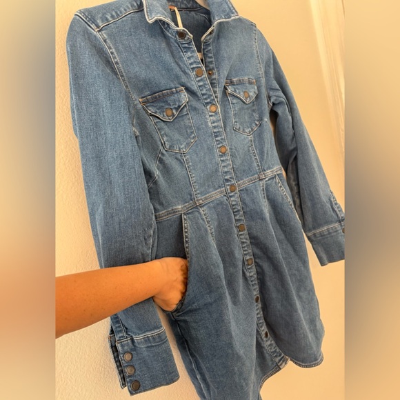 Free People Dynomite Medium Wash Long Sleeve Denim Dress Country Western Sz Sm - Picture 6 of 12